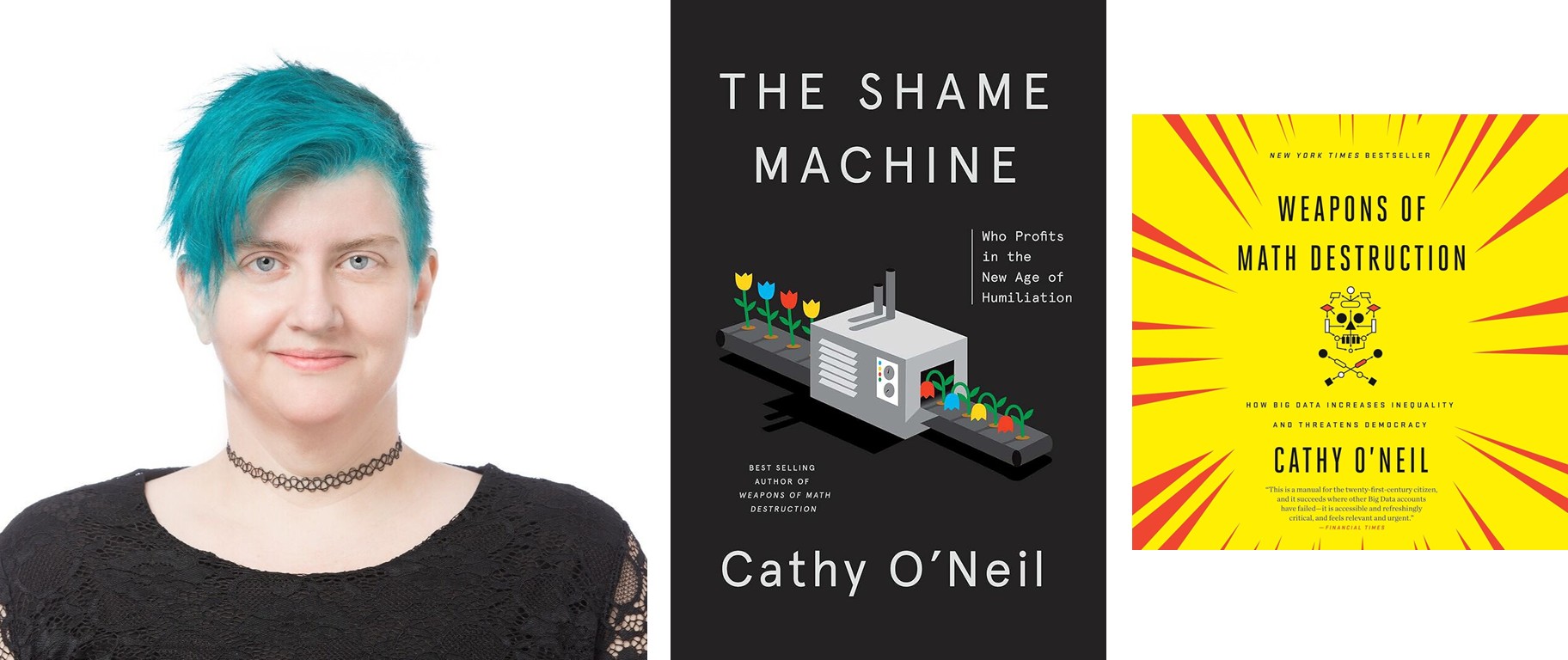 Graphic of Cathy O'Neil with book covers